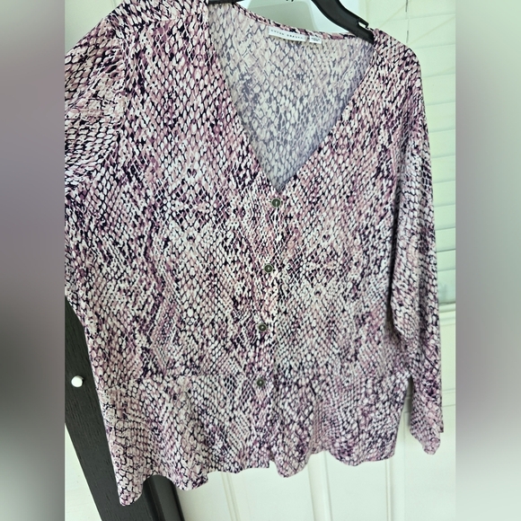 Susan Graver Women Printed Liquid Knit Button Front Peplum Top Plum 3X Plus Size - Picture 7 of 12